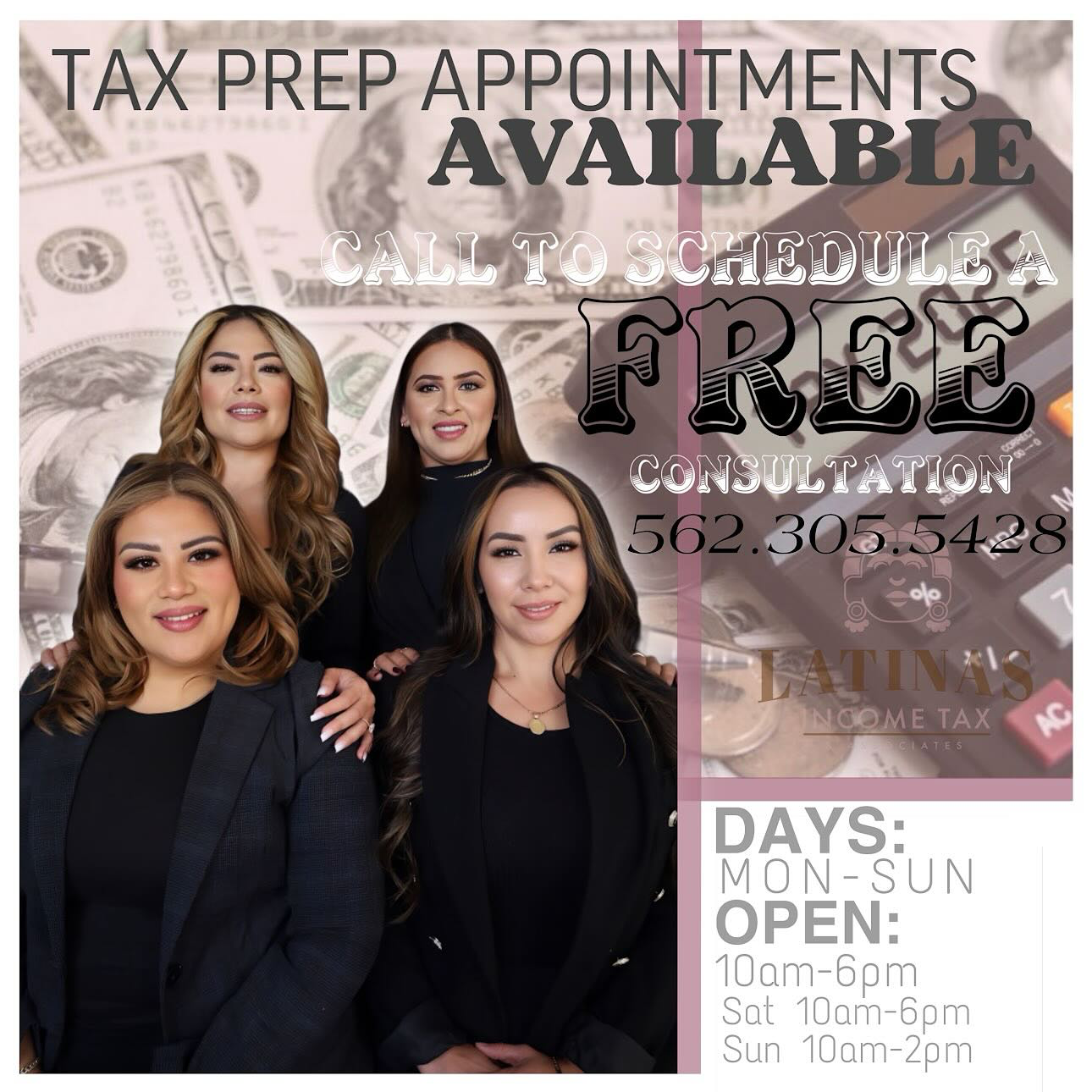 Tax prep appointments available — call to schedule a free consultation 562.305.5428